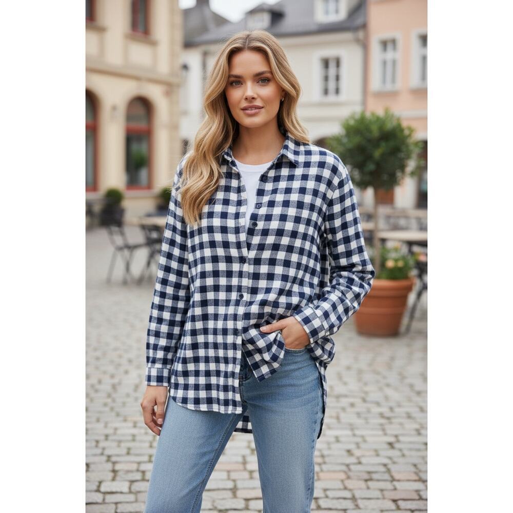 Jasmine & Ginger Navy Gingham Button Front Blouse Size L